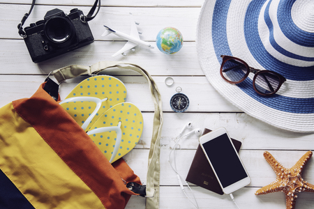 Accessories costume with travel for summer on wooden floorの写真素材