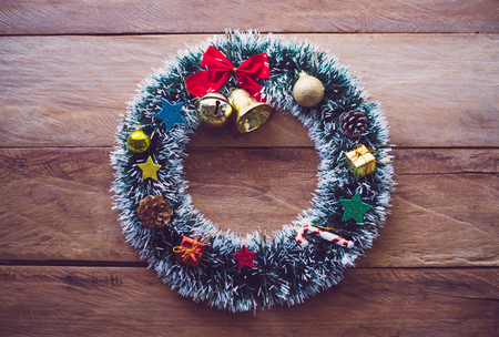 Decorations for Christmas celebrations are placed on wooden floorsの写真素材