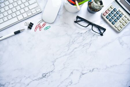 flat lay photo of workspace.  Top view mock up notebooksの写真素材