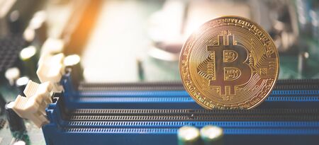 close-up bitcoin and its business-class laptop work and bring transactions across the network and...