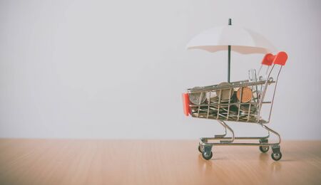 Umbrella is on the currency, the coin is in a shopping cart that is placed on the wooden floor. The concept of protection and protection and safety supervision in businessの写真素材
