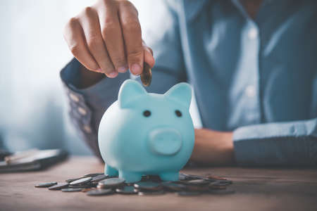 Hand holding coin with pig piggy bank. Saving and financial accounts concept