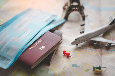 passports placed on a world map concept Travelの写真素材