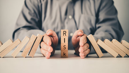 close-up hand The hand of a businessman who is stopping or preventing a falling block.Risk protection concept,Eliminating the riskの写真素材