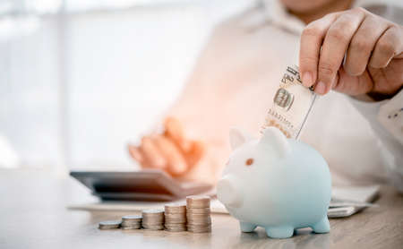 Hand holding coin with pig piggy bank. Saving and financial accounts conceptの写真素材