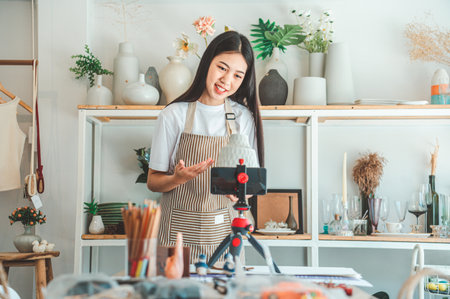 Small business owners are live streaming. Sell products to customers who come to see to buy and take orders. Check out the orders that customers order from online retailers - online shopping.の写真素材