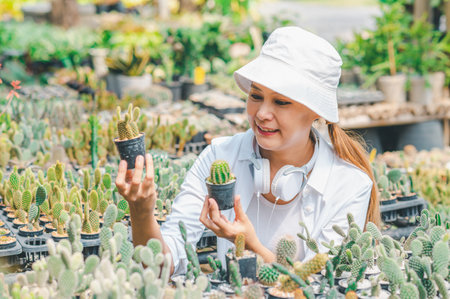 Young women doing hobbies taking care of plants, watering, shoveling flowers. In the garden during the break from workの写真素材