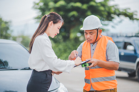 male insurance officer came to help inspect a customer's car that had an accident. Concept for...
