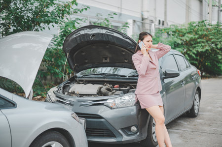 female motorist is calling an insurance or recovery service officer for assistance related to a car...