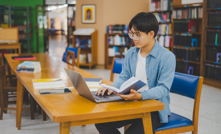 Male college students are working on laptops and searching for books to study, make reports, find...