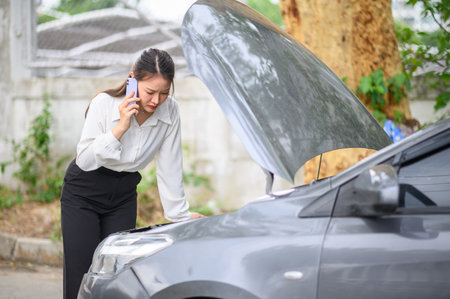 female motorist is calling an insurance or recovery service officer for assistance related to a car...