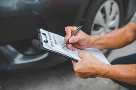 male insurance officer came to help inspect a customer's car that had an accident. Concept for vehicle crash, insurance claim.の写真素材