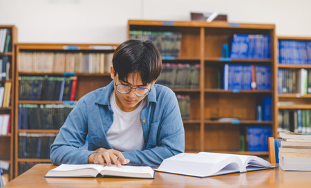 Male college students are working on laptops and searching for books to study, make reports, find useful information in college room. Concept of reading, learning and intelligence.の写真素材