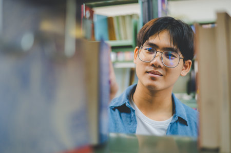 Male college students looking for books to study, making reports on bookshelves in the library.back...