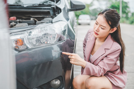 female motorist looks at the abrasion on the front of the car caused by a car accident while waiting for the insurance agent.の写真素材