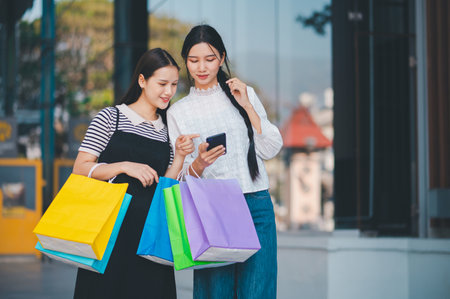 Two women are looking at their cell phones while holding shopping bags. Scene is casual and relaxed, as the women are enjoying their shopping trip and taking a break to check their phonesの写真素材
