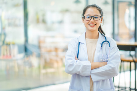 Portrait doctor with a stethoscope stands confidently ready to provide health care to patients in...