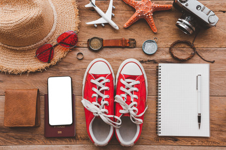 Travel accessories. The cost of travel maps prepared for the trip. Travel planning conceptの写真素材