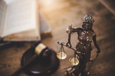 Law theme, mallet of the judge, law enforcement officers, evidence-based cases and documents taken into accountの写真素材