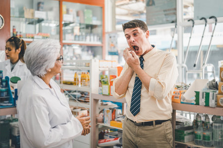 pharmacist is asking about a patient's condition in order to prescribe medication according to the patient's symptoms who come for prescription consultation in a modern pharmacy.の写真素材