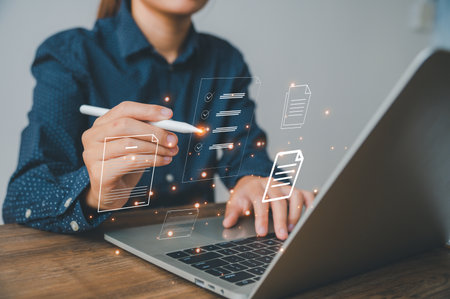 Hand touching infographic document ,document management, document signing , a virtual notepad on a virtual screen, checking documentsの写真素材