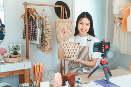 Small business owners are live streaming. Sell products to customers who come to see to buy and take orders. Check out the orders that customers order from online retailers - online shopping.の写真素材