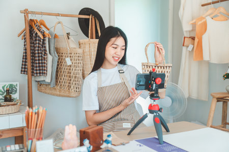 Small business owners are live streaming. Sell products to customers who come to see to buy and take orders. Check out the orders that customers order from online retailers - online shopping.の写真素材
