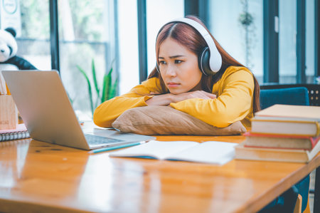 Female students are bored and sleepy during online classes while sitting online for long hours.