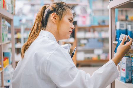 Pharmacist checking Checks Inventory of Medicine, Drugs, Vitamins with tablet and checking patient's prescription in modern pharmacy.の写真素材