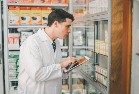 Pharmacist checking Checks Inventory of Medicine, Drugs, Vitamins with tablet and checking patient's prescription in modern pharmacy.の写真素材