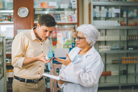 Pharmacist giving advice And advice for patients who come to buy Medicine, Drugs, Vitamins products, according to prescriptions in modern pharmacies.の写真素材
