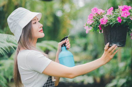 Young women doing hobbies taking care of plants, watering, shoveling flowers. In the garden during the break from workの写真素材