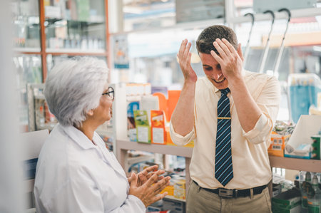pharmacist is asking about a patient's condition in order to prescribe medication according to the patient's symptoms who come for prescription consultation in a modern pharmacy.の写真素材