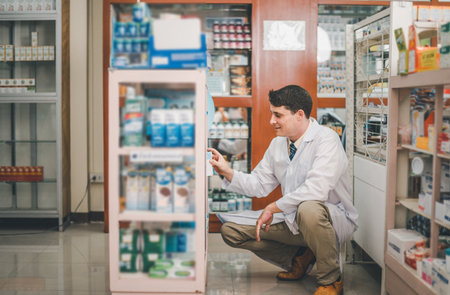 Pharmacist checking Checks Inventory of Medicine, Drugs, Vitamins and prescription medication checks in modern pharmacy.の写真素材