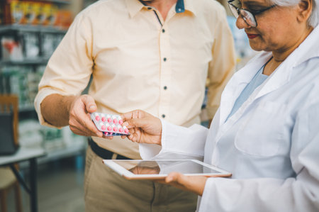 Pharmacist giving advice And advice for patients who come to buy Medicine, Drugs, Vitamins products, according to prescriptions in modern pharmacies.の写真素材