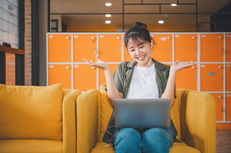 Teenage Asian  are communicating through video conferencing for online learning. In a video conference call via apps. new normal conceptの写真素材