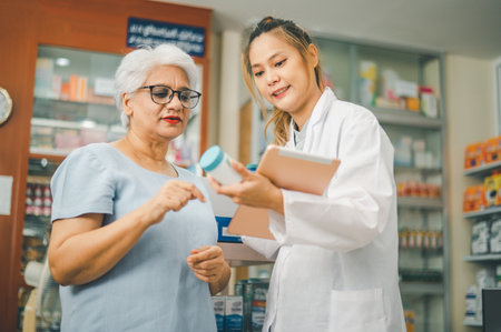 Pharmacist giving advice And advice for patients who come to buy Medicine, Drugs, Vitamins products, according to prescriptions in modern pharmacies.の写真素材