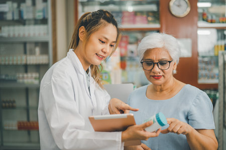 Pharmacist giving advice And advice for patients who come to buy Medicine, Drugs, Vitamins products, according to prescriptions in modern pharmacies.の写真素材