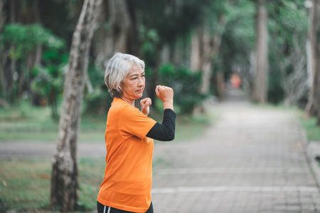 Elderly, white-haired Asian woman exercising in the park early in the morning.の写真素材