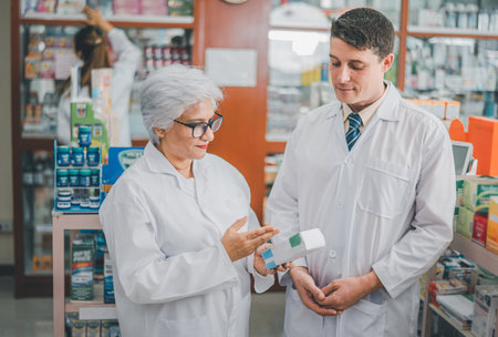skilled pharmacist is consulting, analyzing the use of drugs to recommend and supervise patients according to prescriptions in modern pharmacies.の写真素材