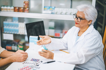 Pharmacist giving advice And advice for patients who come to buy Medicine, Drugs, Vitamins products, according to prescriptions in modern pharmacies.の写真素材