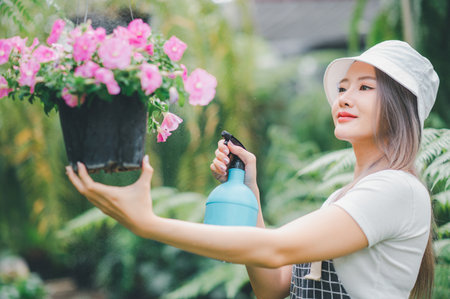 Young women doing hobbies taking care of plants, watering, shoveling flowers. In the garden during the break from workの写真素材