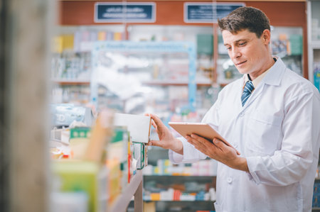 Pharmacist checking Checks Inventory of Medicine, Drugs, Vitamins with tablet and checking patient's prescription in modern pharmacy.の写真素材
