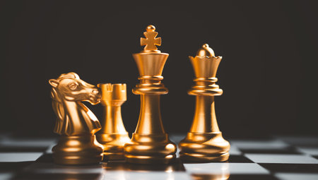 The set of golden chess pieces element is on the chalkboard.chess board game concept of business ideas and competition and stratagy plan success meaningの写真素材