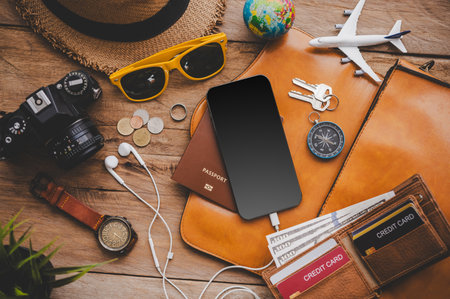 Travel accessories costumes. The cost of travel maps prepared for the trip.travel planning conceptの写真素材