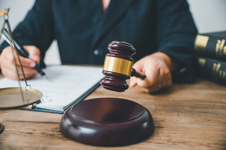Law theme, mallet of the judge, law enforcement officers, evidence-based cases and documents taken...