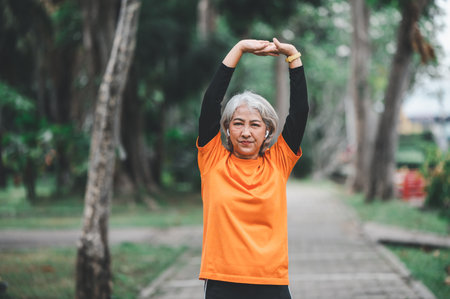 Elderly, white-haired Asian woman exercising in the park early in the morning.の写真素材