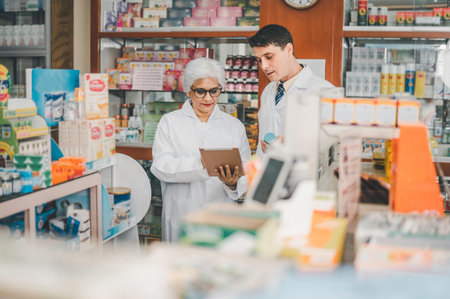 skilled pharmacist is consulting, analyzing the use of drugs to recommend and supervise patients according to prescriptions in modern pharmacies.の写真素材