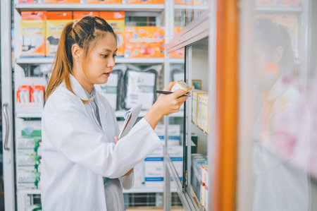 Pharmacist checking Checks Inventory of Medicine, Drugs, Vitamins with tablet and checking patient's prescription in modern pharmacy.の写真素材