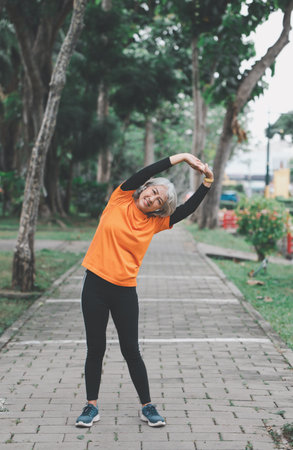Elderly, white-haired Asian woman exercising in the park early in the morning.の写真素材